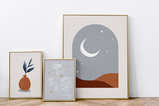 BoHo Wall Art Set of Three Black and White Abstract Poster Geometric Prints Mid Century Modern Wall Poster Bohemian Neutral