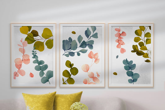 Eucalyptus Leaves Abstract Botanical BoHo Style Prints Earth Tone Wall Art Modern Mid Century BoHo Set of Three Prints Terracotta Wall Art