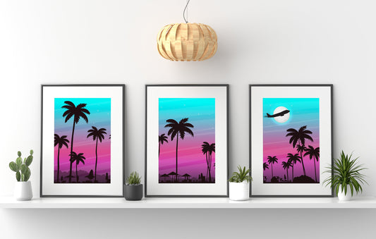 Retro Palm Trees Scenery Boho Art Print Set