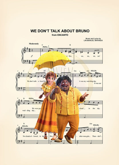 Encanto Pepa and Felix We Don’t Talk About Bruno Sheet Music Wall Art — Disney Gift for Music Lovers