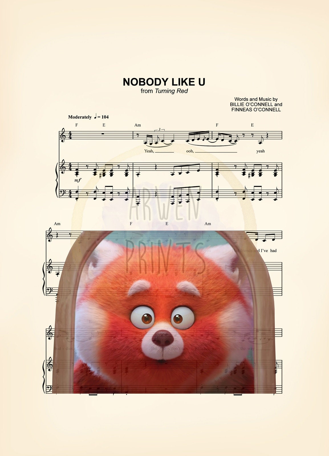 Turning Red Nobody Like U Sheet Music Wall Art — Disney Gift for Music Lovers