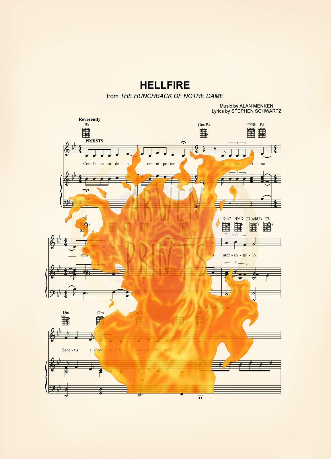 Hunchback of Notre Dame Esmeralda HellFire Sheet Music Wall Art — Disney Gift for Music Lovers