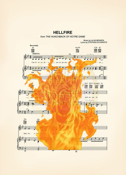Hunchback of Notre Dame Esmeralda HellFire Sheet Music Wall Art — Disney Gift for Music Lovers