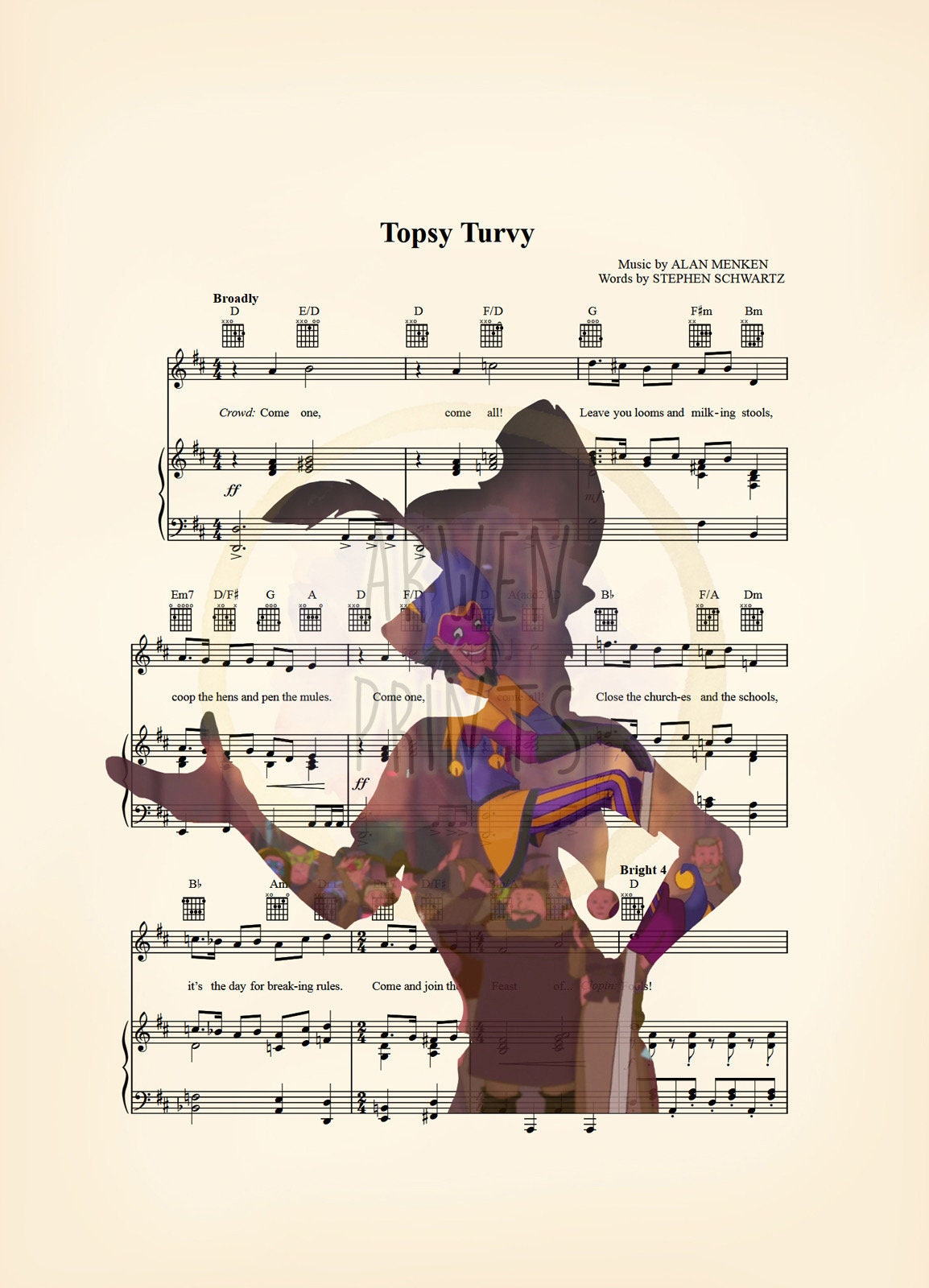 Hunchback Clopin  Disney Sheet Music Wall Art — Disney Gift for Music Lovers