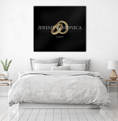 Custom Wedding Rings Black Modern Luxe Canvas, Personalized Couple Names Wall Art, Anniversary Decor Print