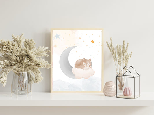 Fox in Sky Nursery Art, Nighttime Nursery Art, Neutral Nursery Art, Nursery Decor, Boho Art