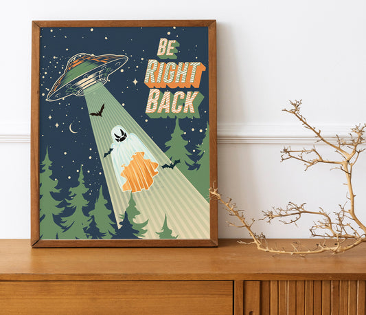 Halloween Cute Ghost with Bats UFO, Aliens Print, Boho Halloween Illustration, Halloween Wall Decor, Halloween Decor