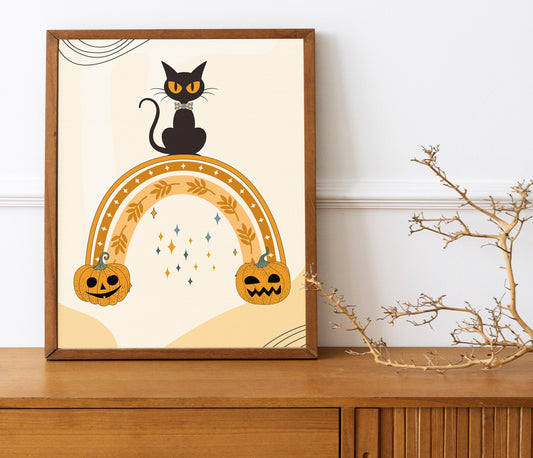 Halloween Cat with Pumpkins Rainbow, Halloween Decor Print, Boho Halloween Illustration, Black Cat, Halloween Wall Decor, Halloween Decor