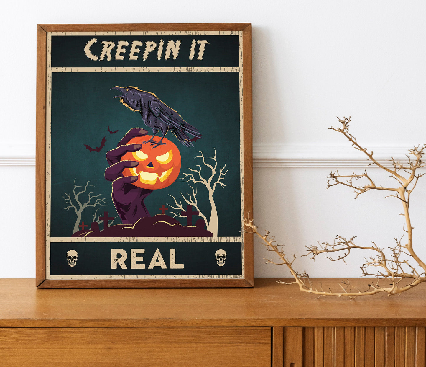 Halloween Creepin It Real, Raven and Pumpkin Print, Boho Halloween Illustration, Graveyard, Halloween Wall Decor, Halloween Decor