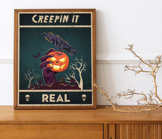 Halloween Creepin It Real, Raven and Pumpkin Print, Boho Halloween Illustration, Graveyard, Halloween Wall Decor, Halloween Decor