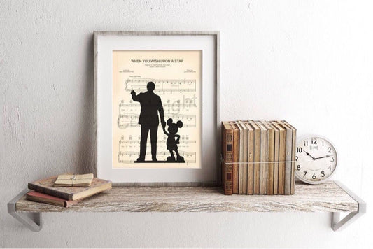 Walt Disney and Mickey Mouse Partners When You Wish Upon A Star Sheet Music Wall Art — Disney Gift for Music Lovers