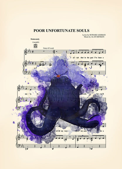 Little Mermaid Ursula Watercolor Silhouette Poor Unfortunate Souls Sheet Music Art Print
