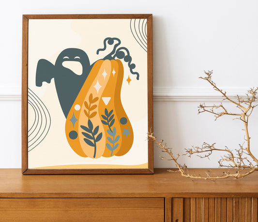 Halloween Ghost with Pumpkin, Halloween Decor Print, Boho Halloween Illustration, Halloween Wall Decor, Halloween Decor