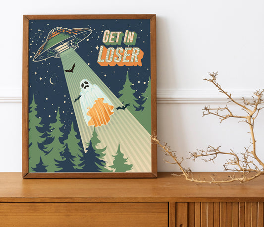 Halloween Ghost with Bats UFO, Get in Loser, Aliens Print, Boho Halloween Illustration, Halloween Wall Decor, Halloween Decor