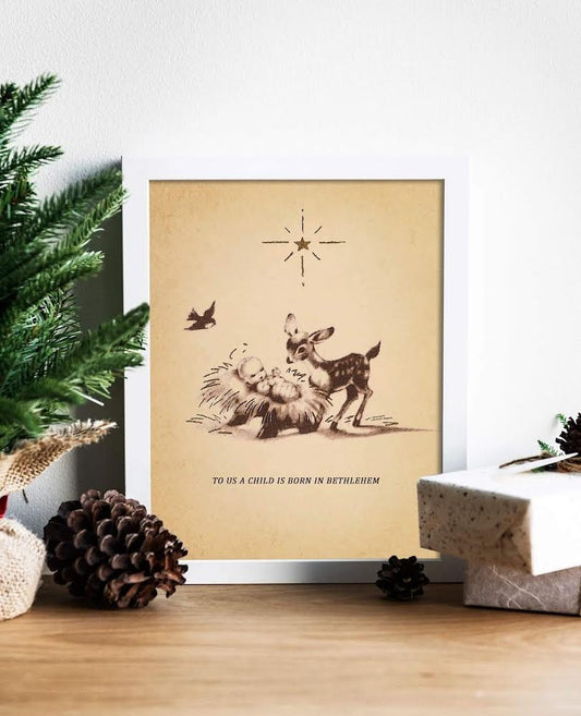 Christmas Vintage Baby Jesus in a Manger Art Print, Baby Jesus Art, Baby Jesus with Deer, Christian Christmas Art, Christmas Art Print