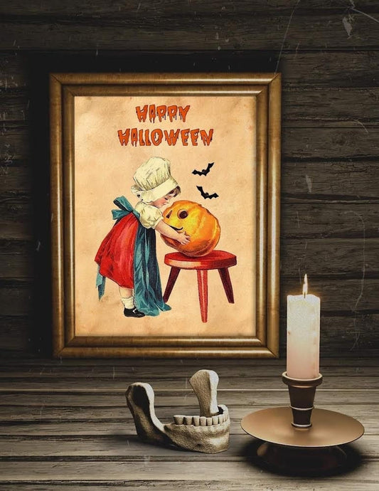 Halloween Vintage Young Girl with Pumpkin Art Print, Vintage Halloween, Vintage Halloween Illustration, Vintage Halloween, Vintage Pumpkin
