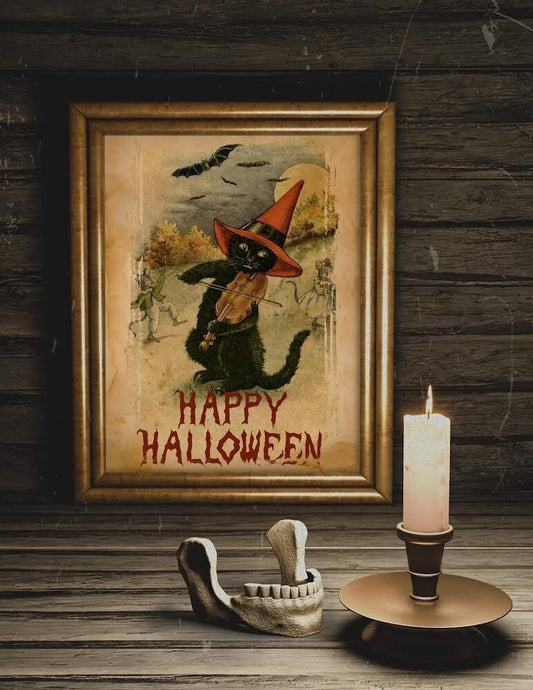 Halloween Vintage Cat Playing Violin Art Print, Vintage Halloween, Halloween Cat Art, Black Cat, Halloween Vintage Illustration