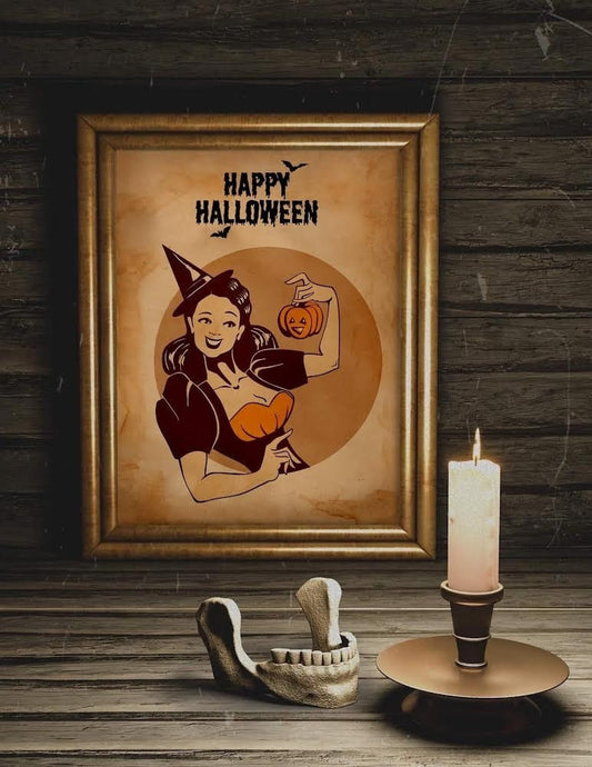 Halloween Vintage Witch with Pumpkin Art Print, Vintage Halloween, Vintage Halloween Illustration, Vintage Halloween