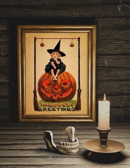 Halloween Vintage Young Witch Sitting on Pumpkin Art Print, Vintage Halloween, Vintage Halloween Illustration, Vintage Halloween