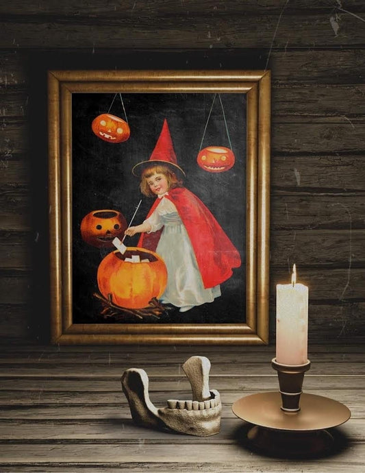 Halloween Vintage Young Witch with Pumpkins Art Print, Vintage Halloween, Vintage Halloween Illustration, Vintage Witch Art, Vintage Pumpkin