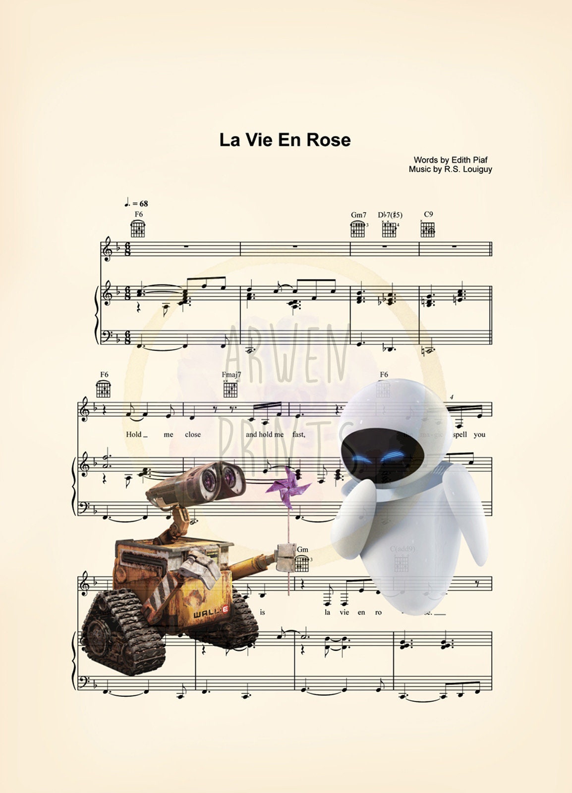 Wall-E and Eve La Vie En Rose Sheet Music Art Print