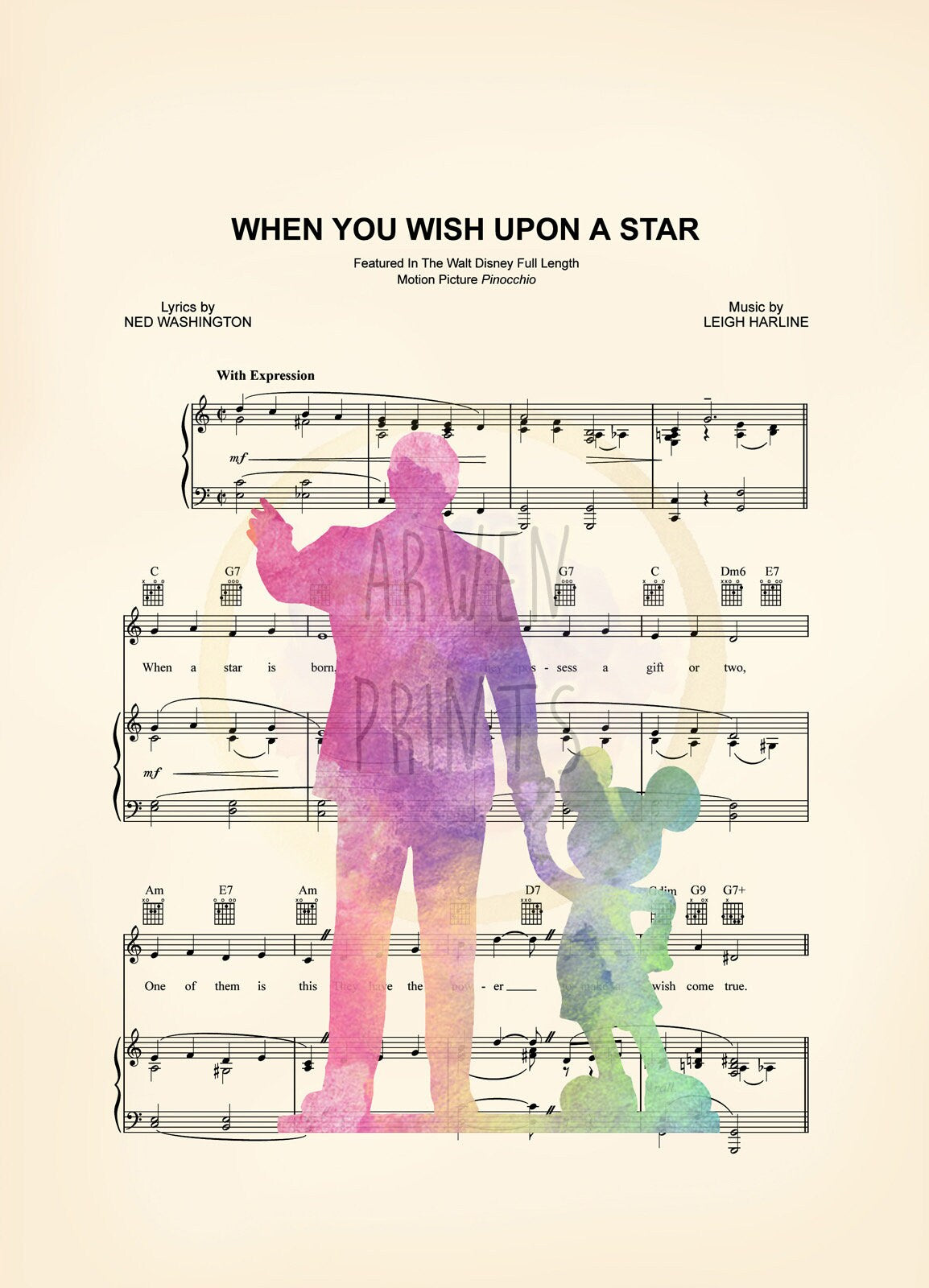 Walt Disney and Mickey Mouse Watercolor Partners When You Wish Upon A Star Sheet Music Art Print