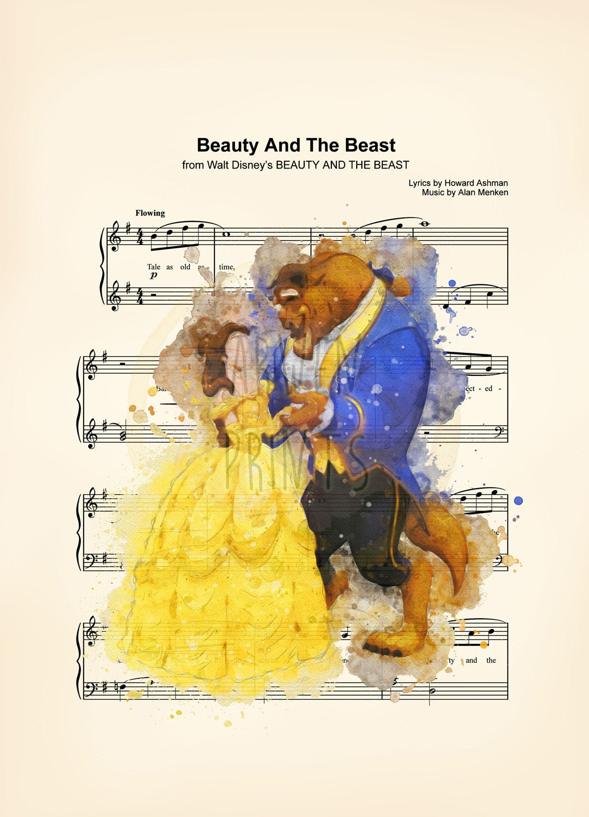 Beauty and the Beast Watercolor Tale As Old As Time Disney Sheet Music Art Print