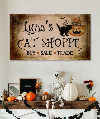 Cat Shoppe Canvas, Custom Name Halloween Canvas, Personalized Canvas Art, Fall Decor, Halloween Name Art, Canvas Wall Art