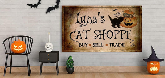 Cat Shoppe Canvas, Custom Name Halloween Canvas, Personalized Canvas Art, Fall Decor, Halloween Name Art, Canvas Wall Art