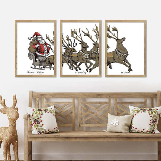 Christmas Santa Claus is Coming to Town 3 Print Art Set, Santa and Reindeer Christmas Wall Decor, Christmas Wall Art, Classic Christmas