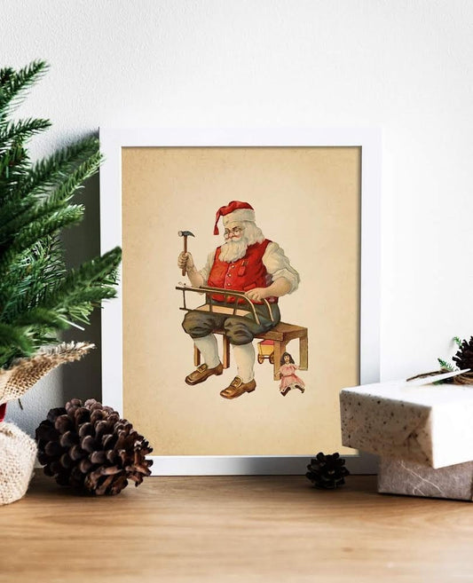 Christmas Vintage Santa in the Workshop Art Print, Vintage Christmas, Classic Christmas, Christmas Santa Print, Santa’s Workshop