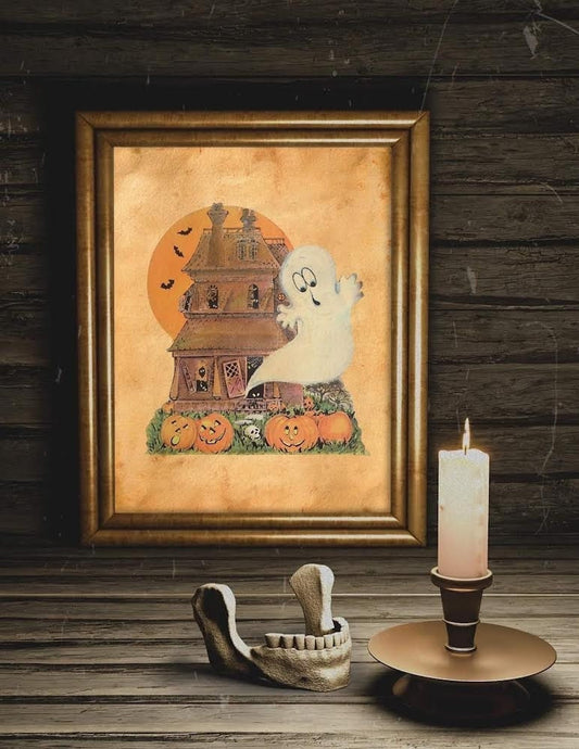 Halloween Vintage Cute Ghost with Pumpkins Art Print, Vintage Halloween, Vintage Haunted House Art, Halloween Illustration Wall Decor