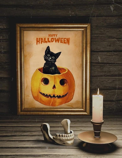 Halloween Vintage Cat in Pumpkin Art Print, Vintage Halloween, Halloween Cat Art, Black Cat, Halloween Vintage Illustration, Happy Halloween