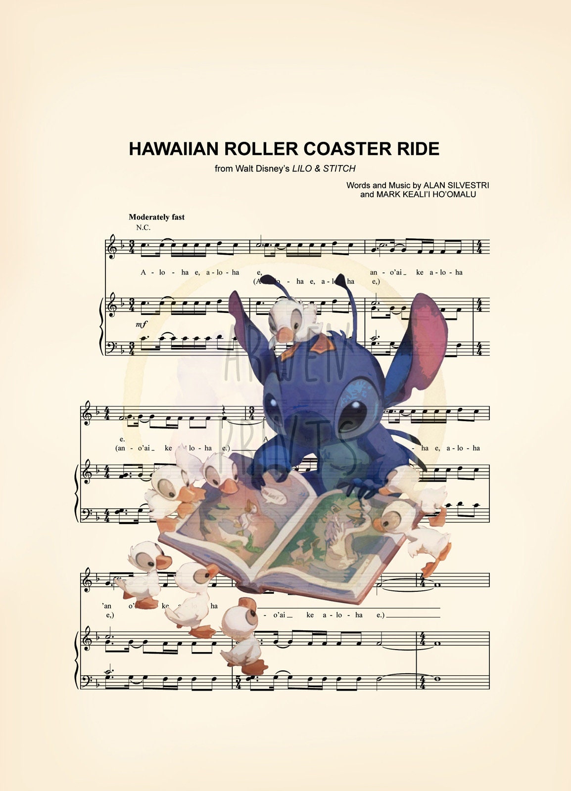 Stitch Reading to Ducks Sheet Music Art Print