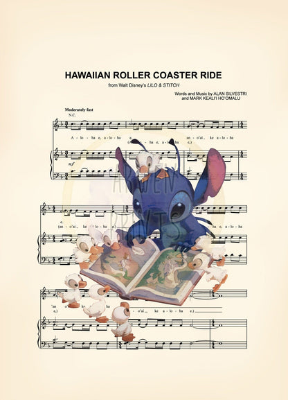 Stitch Reading to Ducks Sheet Music Wall Art — Disney Gift for Music Lovers