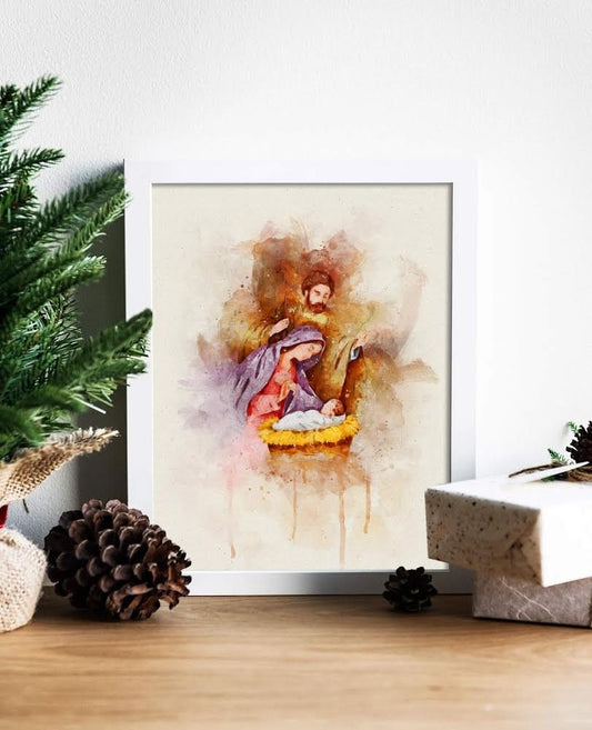 Christmas Watercolor Nativity Birth of Jesus Art, Mary Joseph and Baby Jesus, Christmas Watercolor, Christian Christmas, Christmas Art Print