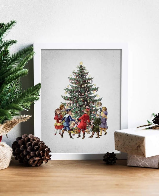Christmas Children Dancing Around Tree Illustration Art Print, Vintage Christmas, Vintage Illustrations, Merry Christmas, Christmas Decor