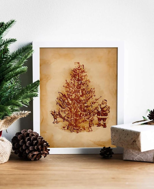 Christmas Santa and Elves Around Tree Illustration Art Print, Vintage Christmas, Vintage Illustrations, Merry Christmas, Christmas Decor
