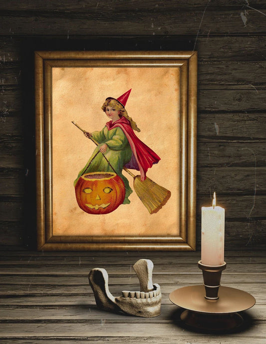 Halloween Vintage Witch on Broomstick with Pumpkin Pail Art Print, Vintage Halloween, Vintage Halloween Illustration, Vintage Halloween