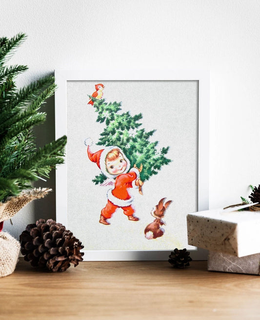 Christmas Vintage Little Boy Carrying Christmas Tree Illustration Art Print, Vintage Christmas, Vintage Christmas Illustration, Christmas