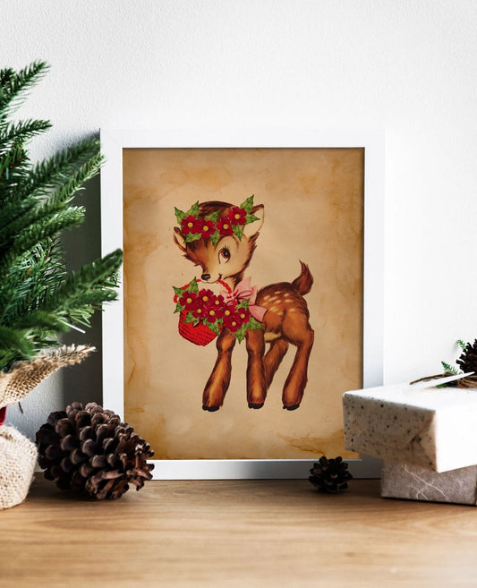Christmas Vintage Deer Carrying a Basket of Flowers Illustration Art Print, Vintage Christmas, Vintage Christmas Illustration, Christmas Art
