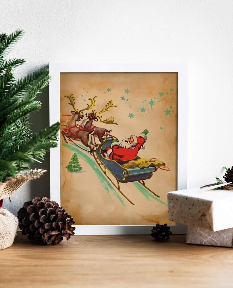 Christmas Vintage Santa and Reindeer Art Print, Vintage Christmas, Santa Sleigh, Santa Claus is Coming to Town, Vintage Santa, Christmas Art