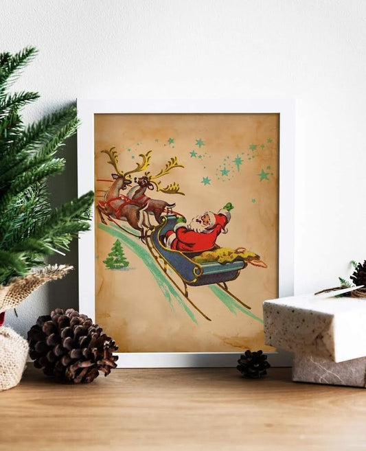 Christmas Vintage Santa and Reindeer Art Print, Vintage Christmas, Santa Sleigh, Santa Claus is Coming to Town, Vintage Santa, Christmas Art