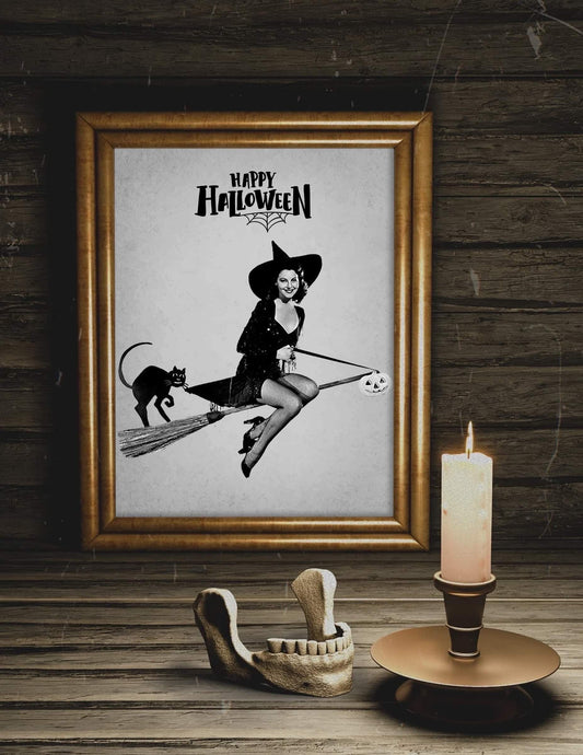 Halloween Vintage Witch on Broomstick with Black Cat Art Print, Vintage Halloween, Vintage Halloween Illustration, Vintage Halloween