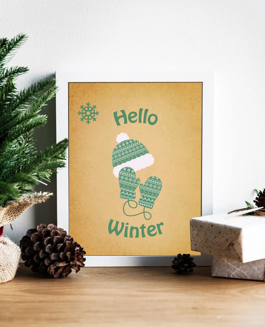 Christmas Hello Winter Art Print, Vintage Christmas, Warm Clothes, Winter Clothes, Christmas Outfit Art, Christmas Art, Hat and Mittens