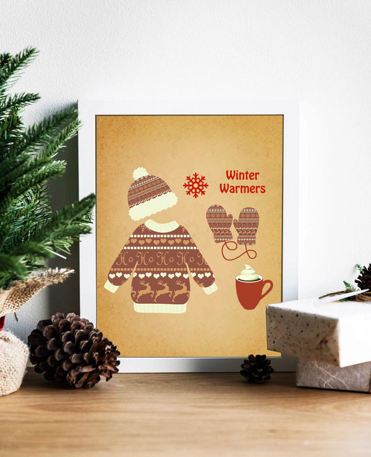 Christmas Winter Warmers Art Print, Vintage Christmas, Warm Clothes, Winter Clothes, Christmas Cocoa Art, Christmas Art, Hat and Mittens