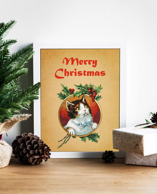 Vintage Cat Illustration Merry Christmas Art Print, Christmas Cat, Cat Wall Decor, Cat Wall Art, Christmas Pet Card, Cute Cat Art, Cat Art