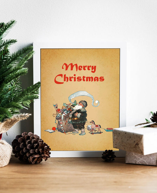 Christmas Vintage Santa Claus with Sack of Toys Art Print, Vintage Christmas, Classic Christmas, Christmas Santa, Vintage Santa, Santa Art