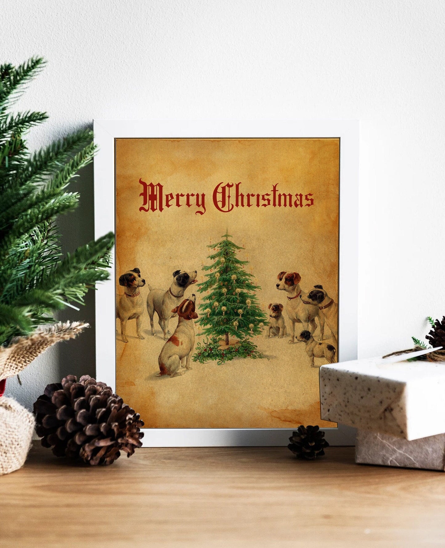 Christmas Dogs Around Christmas Tree Art Print, Christmas Dog, Vintage Dog Art, Vintage Christmas Art, Dog Art, Christmas Art, Dog Print