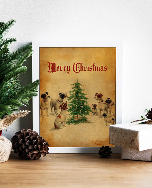 Christmas Dogs Around Christmas Tree Art Print, Christmas Dog, Vintage Dog Art, Vintage Christmas Art, Dog Art, Christmas Art, Dog Print